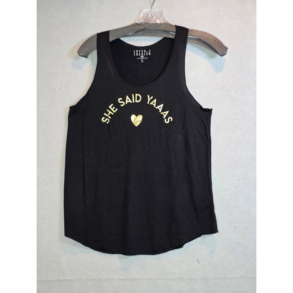 Love & Cherish She Said Yaaas Graphic Tank Top Night Black Gold Heart Small NWT